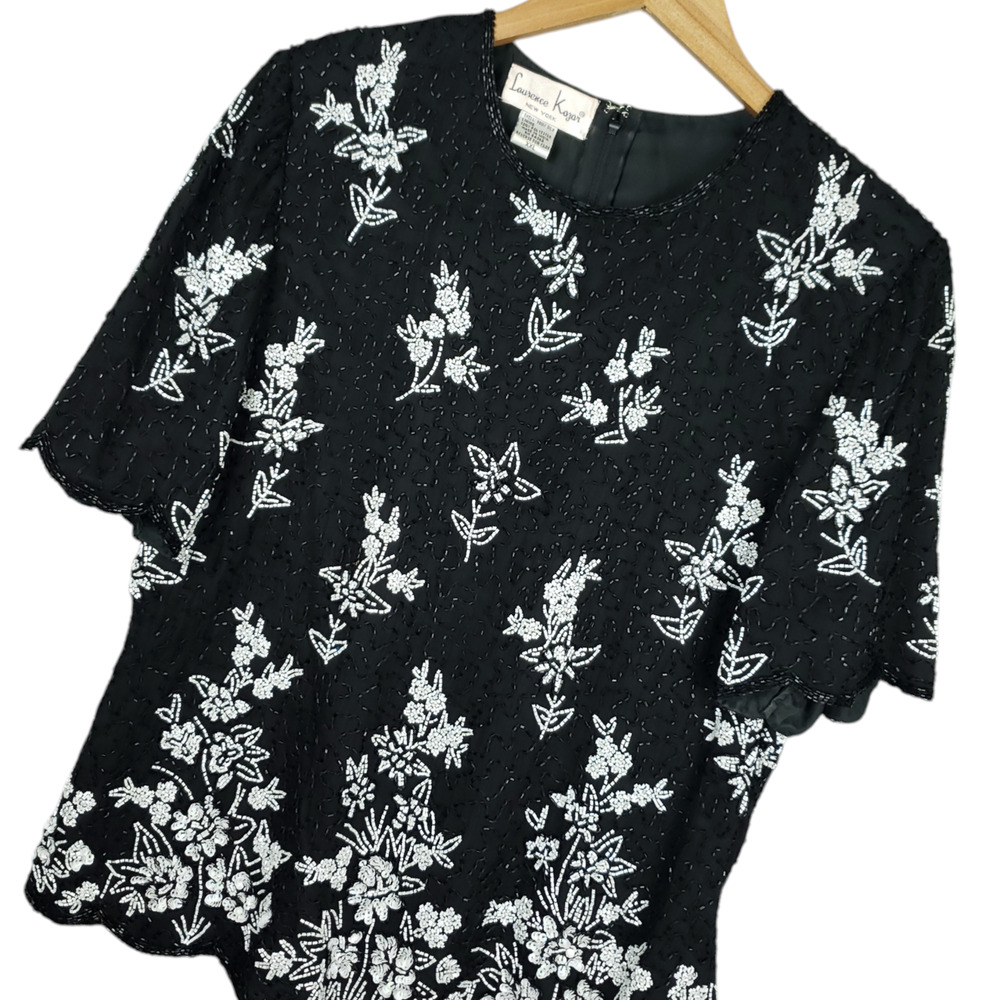 Vtg Laurence Kazar Womens 100% Silk Top Floral Beaded Scalloped Formal Elegant